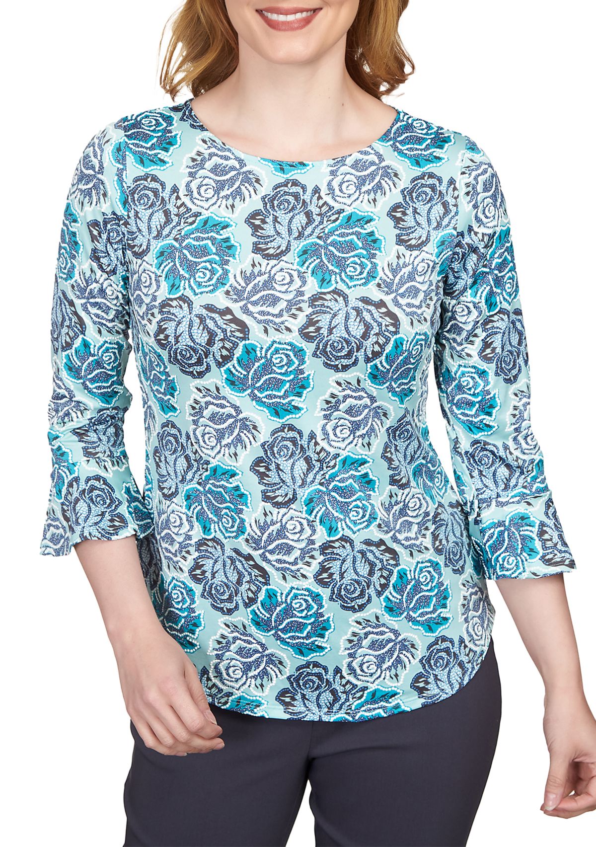 Plus Size Elegant Roses Puff Print Ruffle Sleeve Blouse