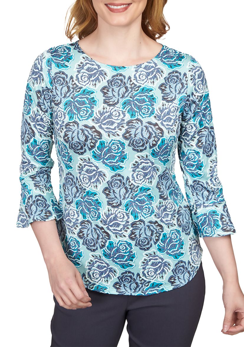 Plus Size Elegant Roses Puff Print Ruffle Sleeve Blouse