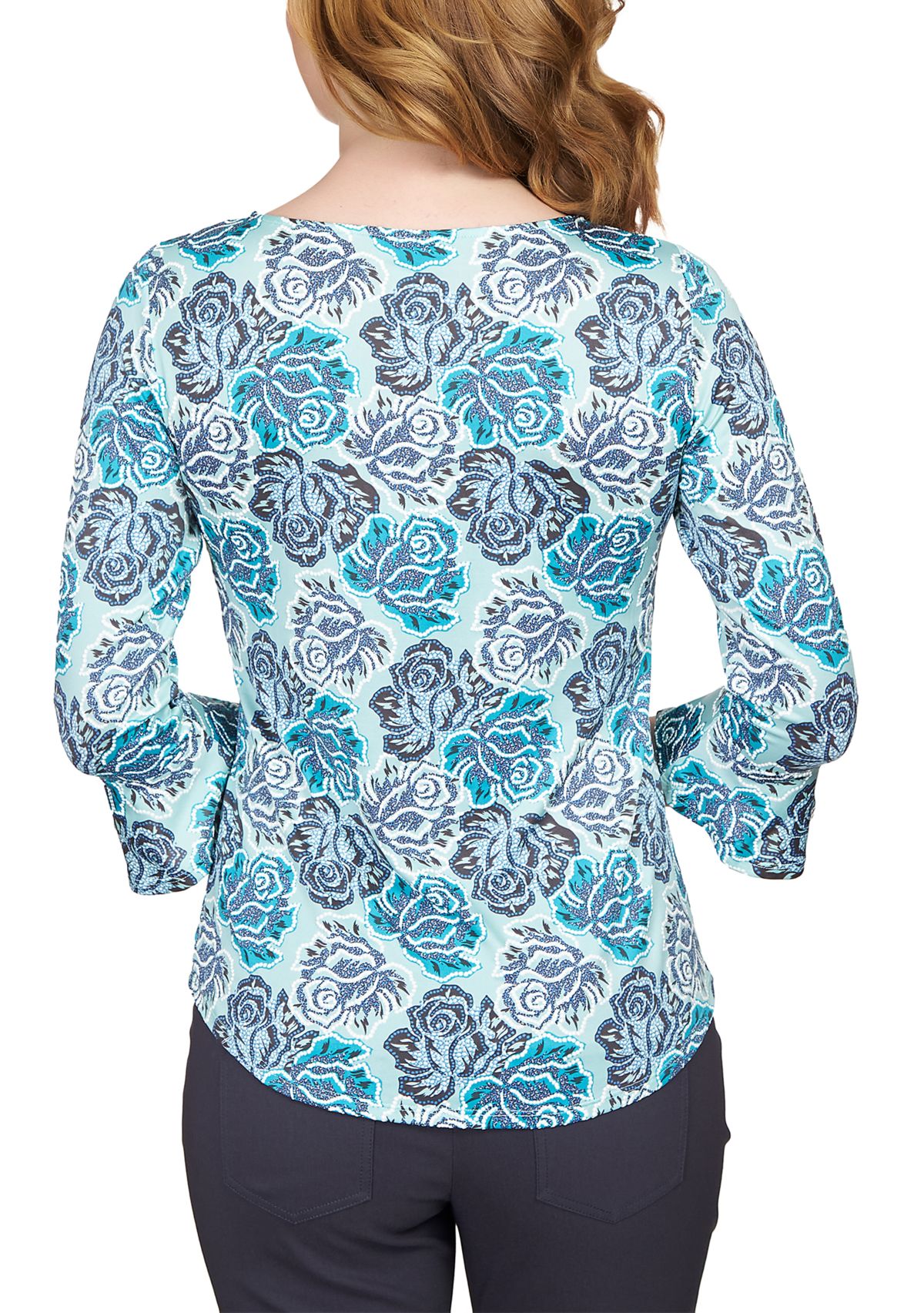 Plus Size Elegant Roses Puff Print Ruffle Sleeve Blouse