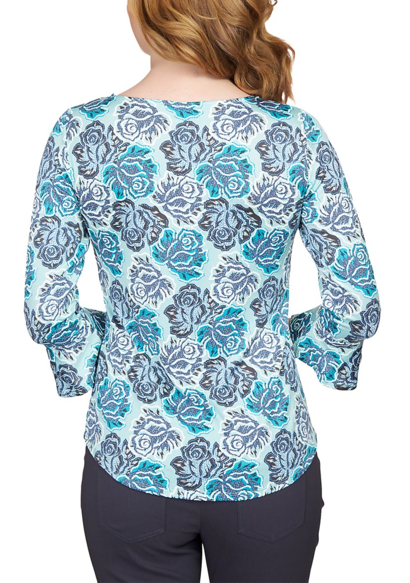 Plus Size Elegant Roses Puff Print Ruffle Sleeve Blouse