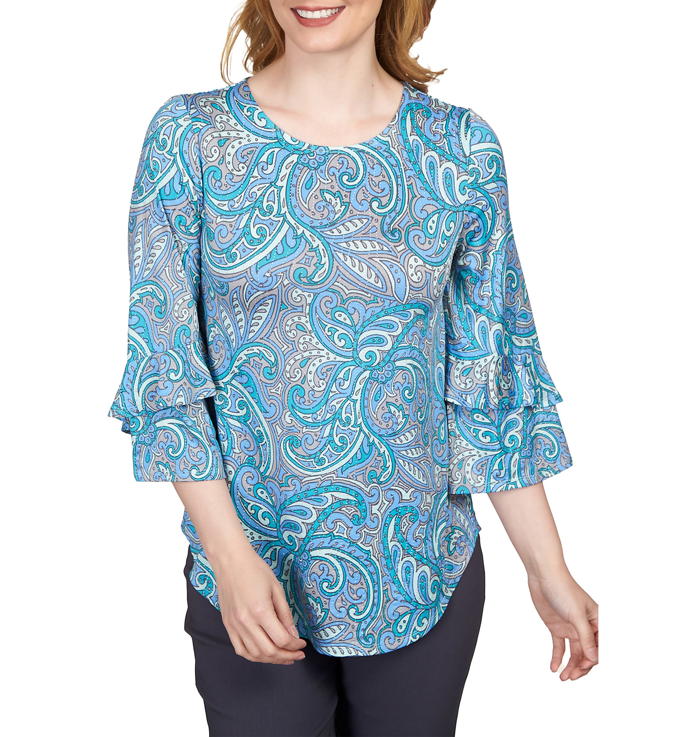 Plus Size Paisley Dew Drop Knit Top with Ruffle Sleeves