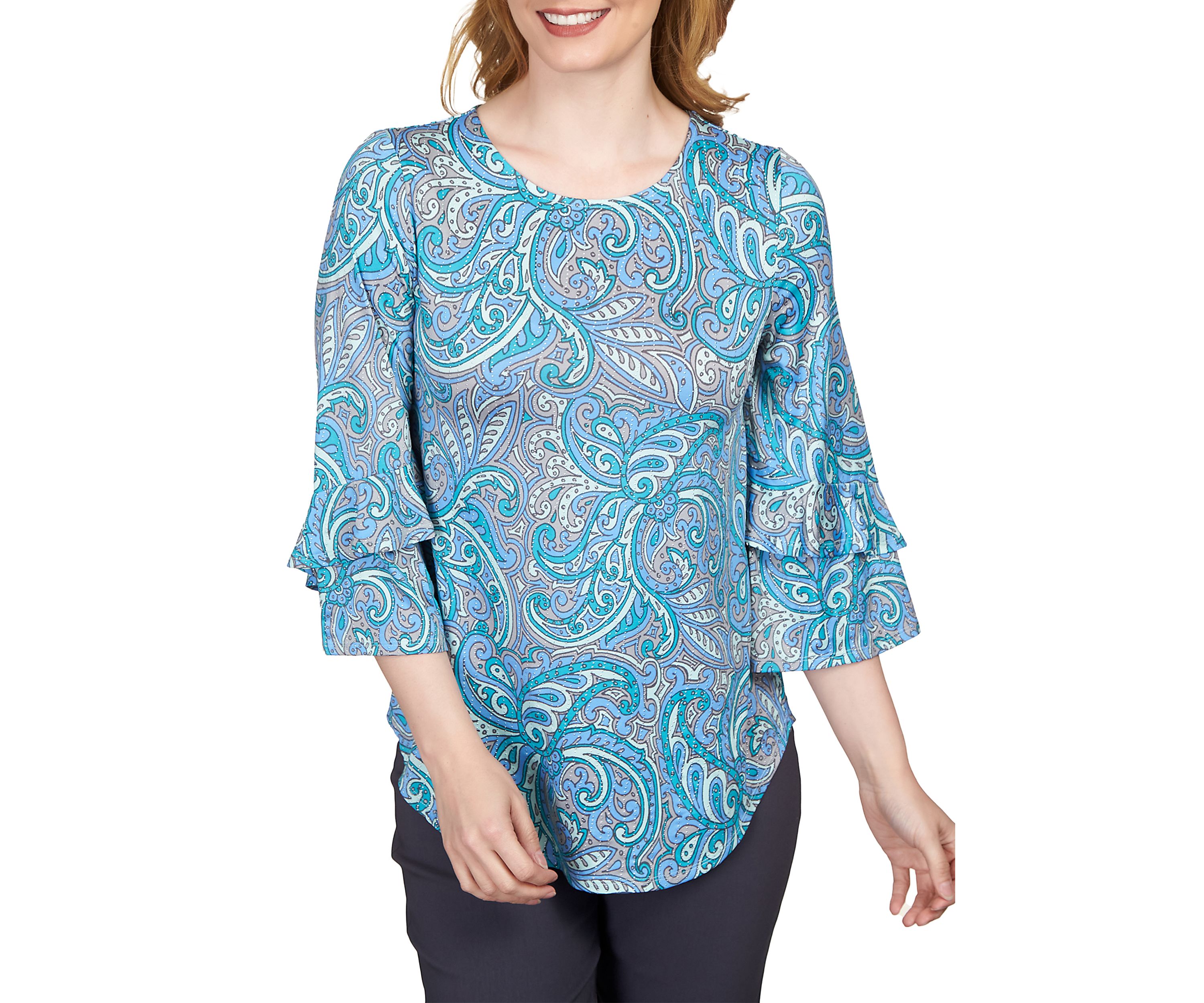 Plus Size Paisley Dew Drop Knit Top with Ruffle Sleeves