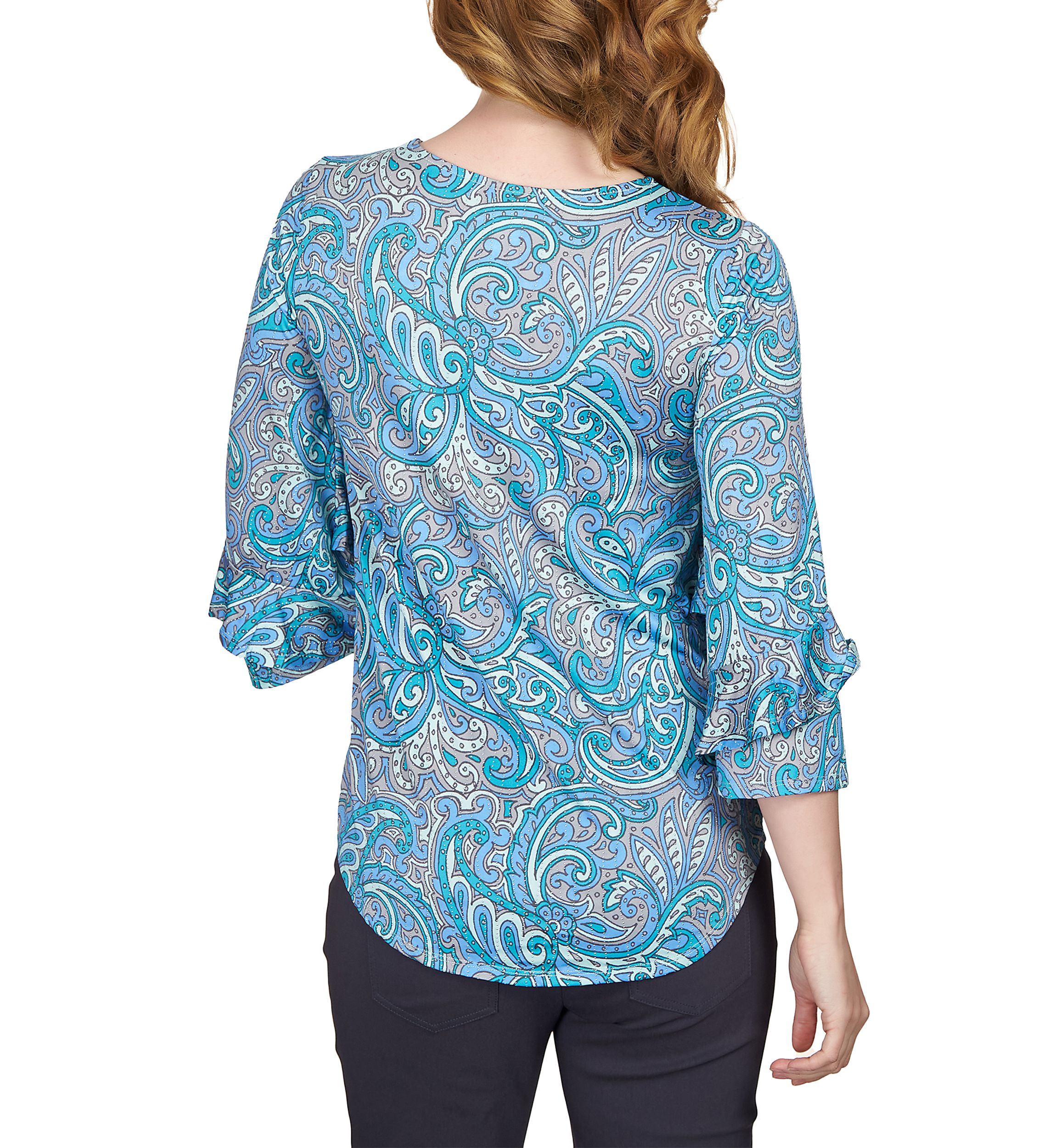 Plus Size Paisley Dew Drop Knit Top with Ruffle Sleeves