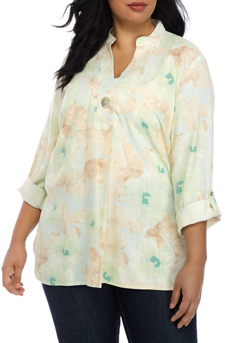 Plus Size Roll Tab Stand Collar Print Laundered Linen Top 