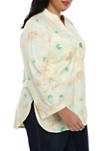 Plus Size Roll Tab Stand Collar Print Laundered Linen Top 