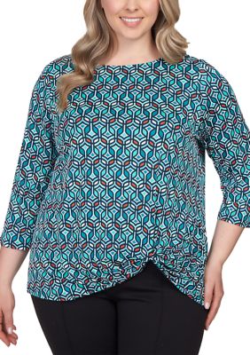 Ruby Rd Plus Size Geometric Puff Print Twisted Top | belk