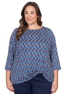 Plus Geometric Puff Print Twisted Top