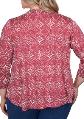 Ruby Rd. Plus Size Paisley Print Front Scoop Neck 3/4 Sleeve Solid Back Mix  Media Top