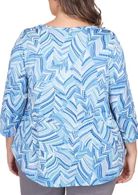 Plus Abstract Puff Print Leaf Keyhole Top