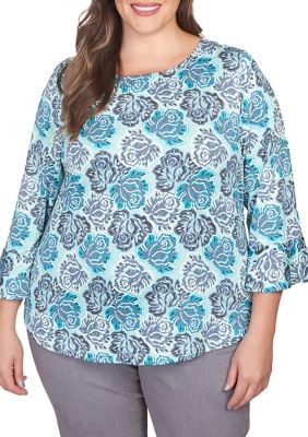 Ruby Rd Women's Plus Size Elegant Roses Puff Print Ruffle Sleeve Blouse, 3X