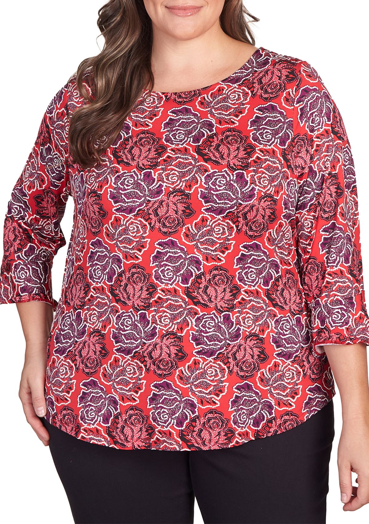 Plus Size Elegant Roses Puff Print Ruffle Sleeve Blouse
