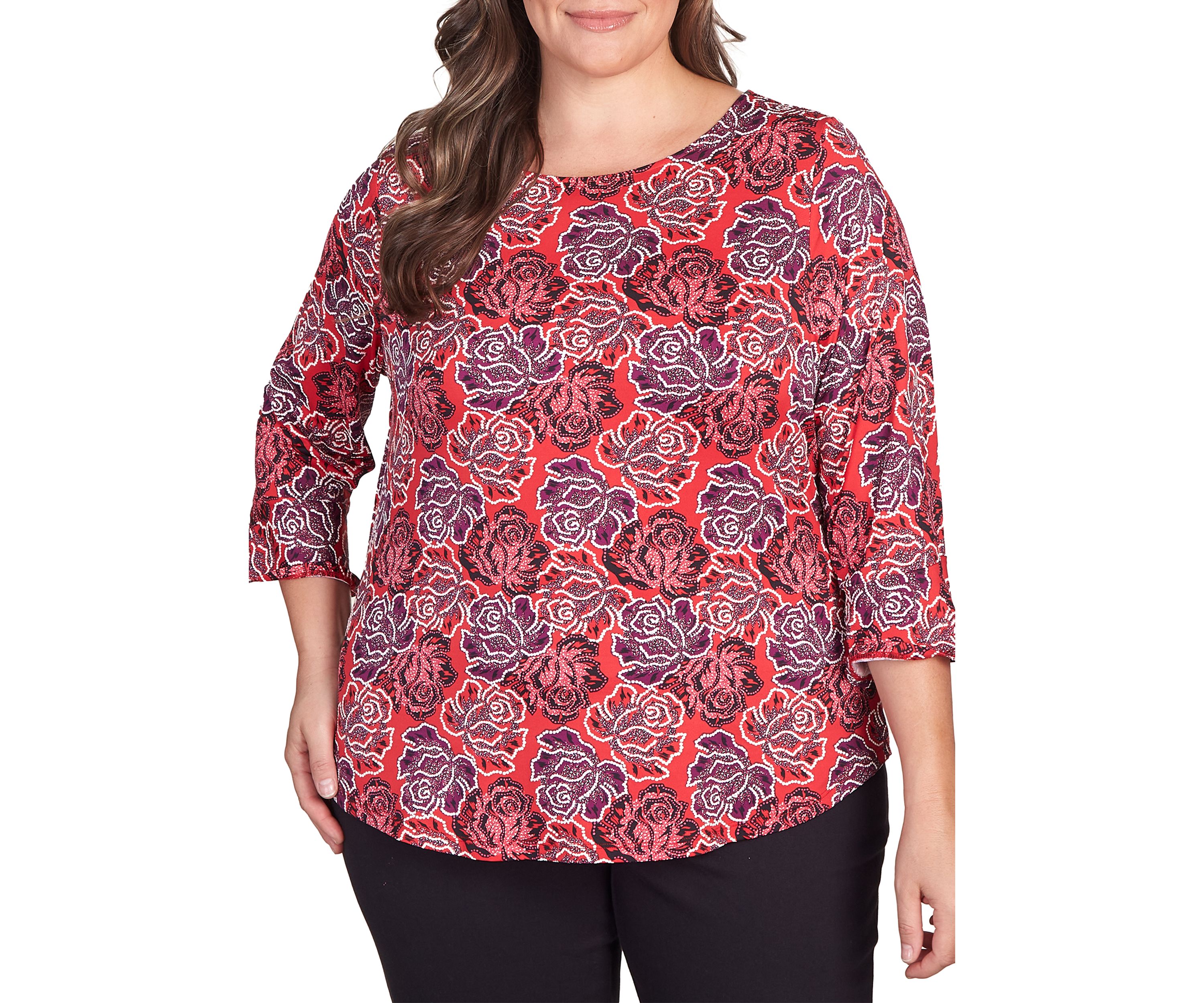 Plus Size Elegant Roses Puff Print Ruffle Sleeve Blouse