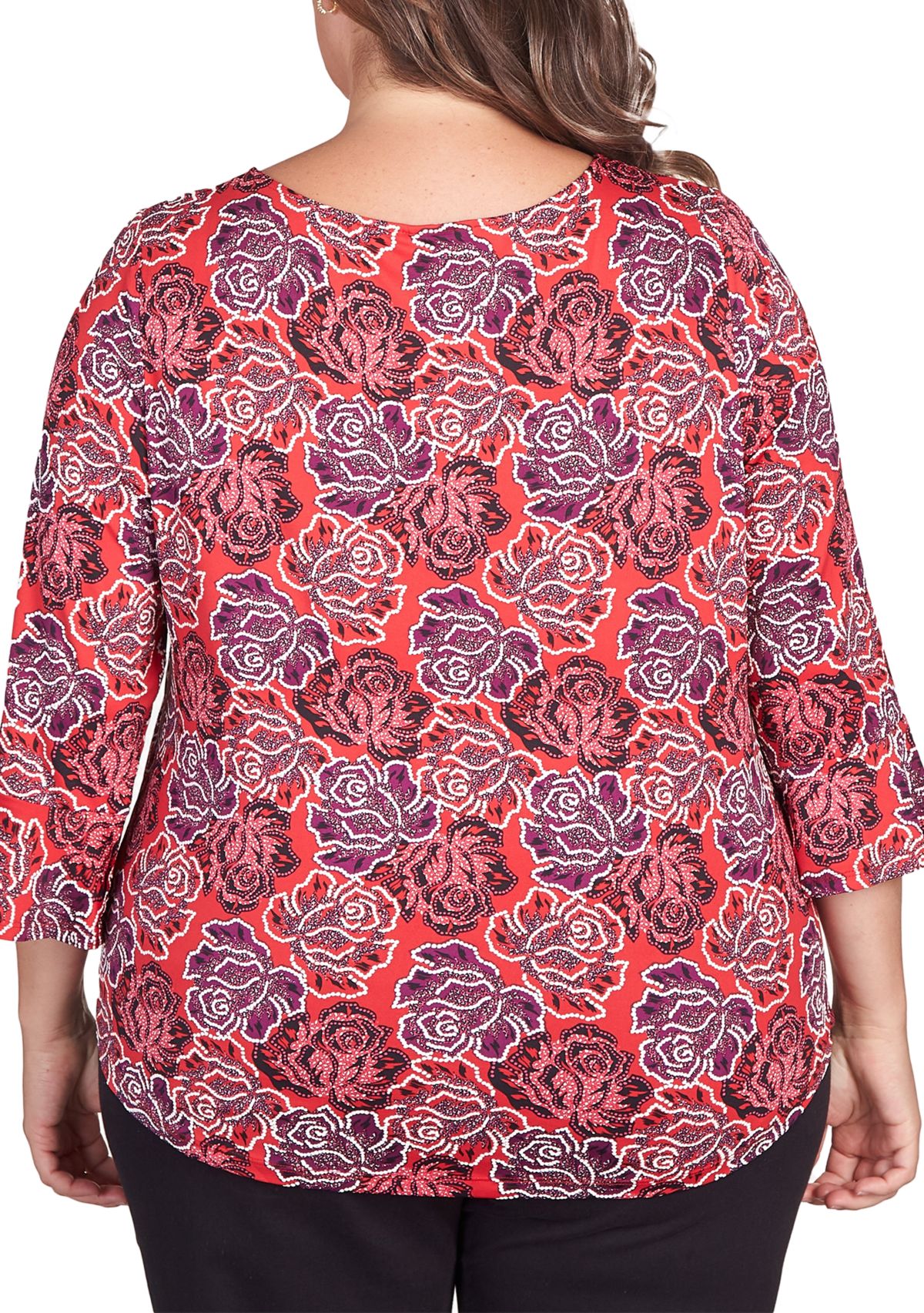 Plus Size Elegant Roses Puff Print Ruffle Sleeve Blouse
