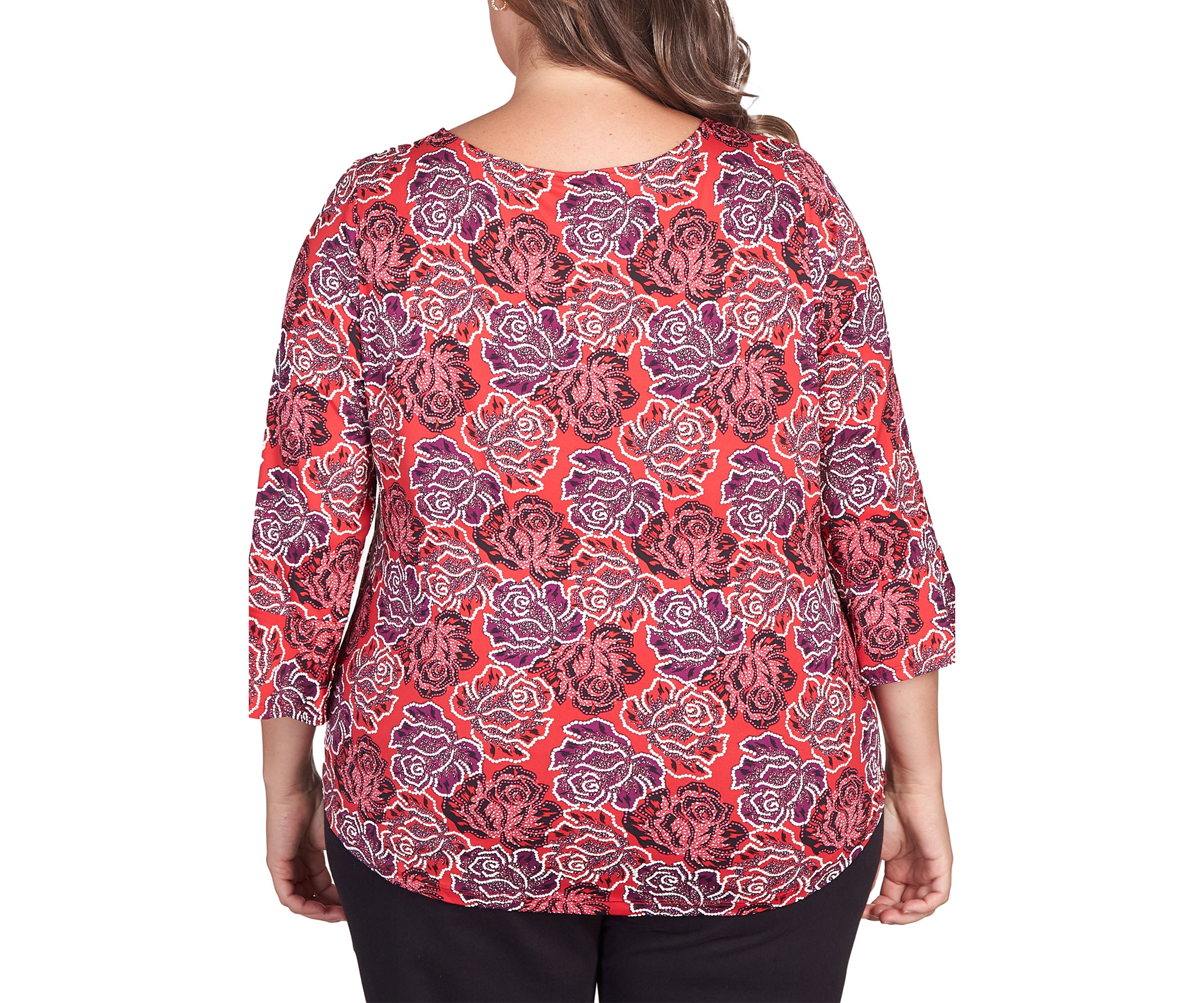Plus Size Elegant Roses Puff Print Ruffle Sleeve Blouse