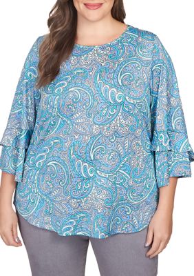 Plus Paisley Dew Drop Knit Top with Ruffle Sleeves