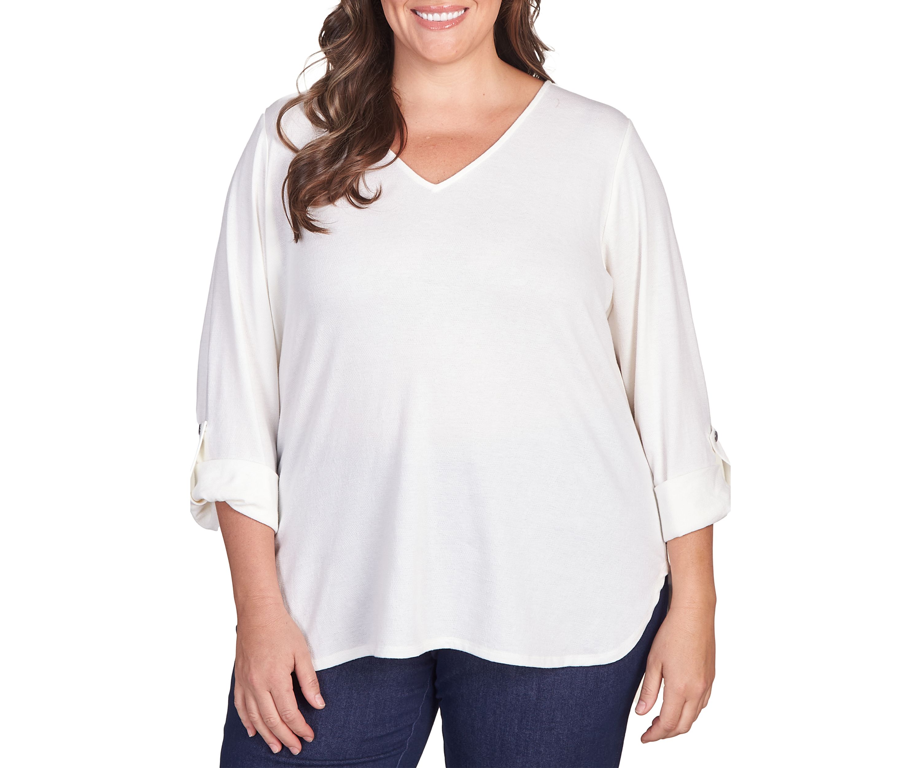 Plus Size French Terry V-Neck Roll Sleeve Top