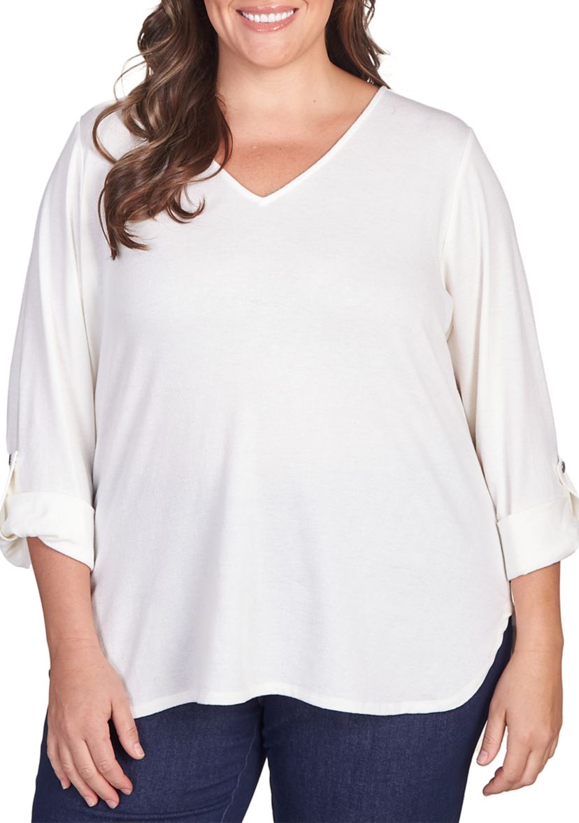 Plus Size French Terry V-Neck Roll Sleeve Top
