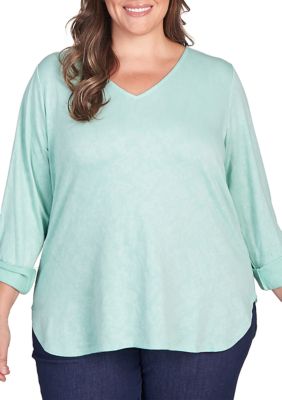 Ruby Rd Women's Plus Size French Terry V-Neck Roll Sleeve Top, 3X
