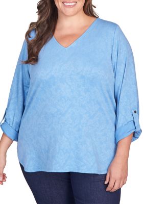 Ruby Rd Women's Plus Size French Terry V-Neck Roll Sleeve Top, 3X