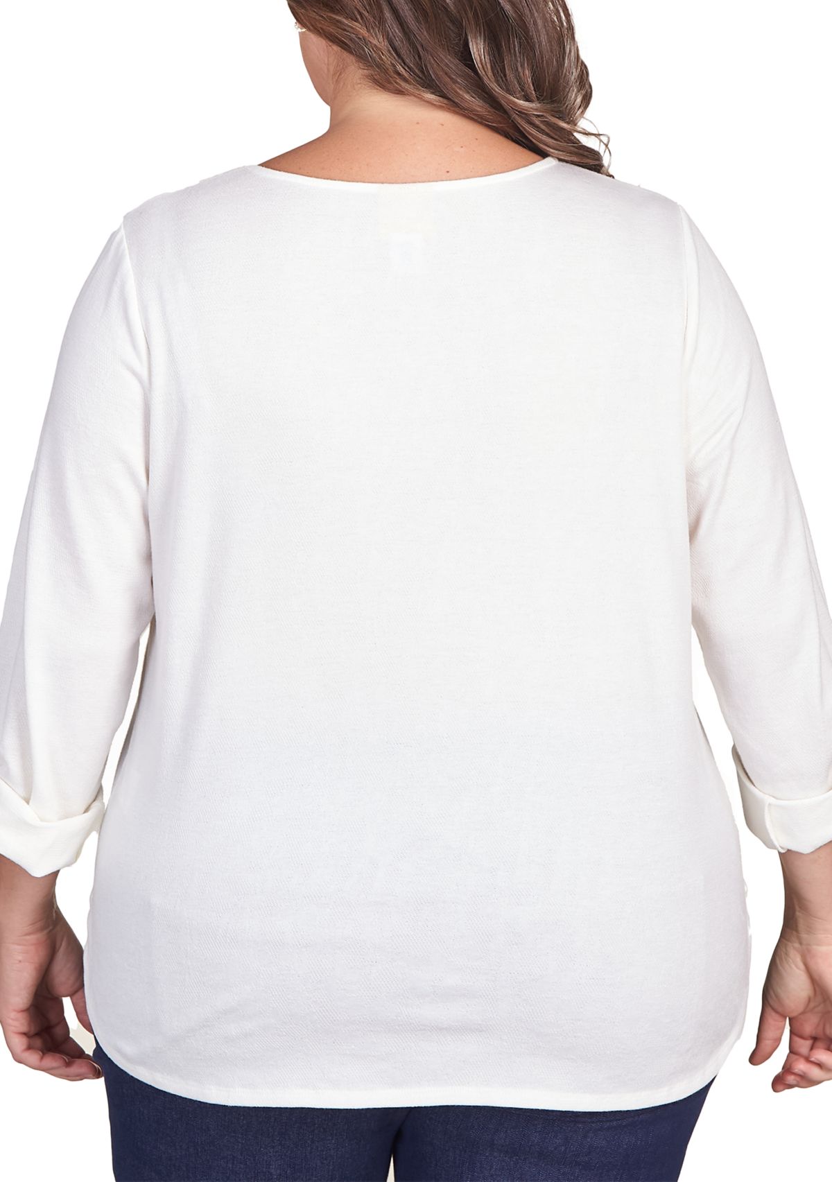 Plus Size French Terry V-Neck Roll Sleeve Top