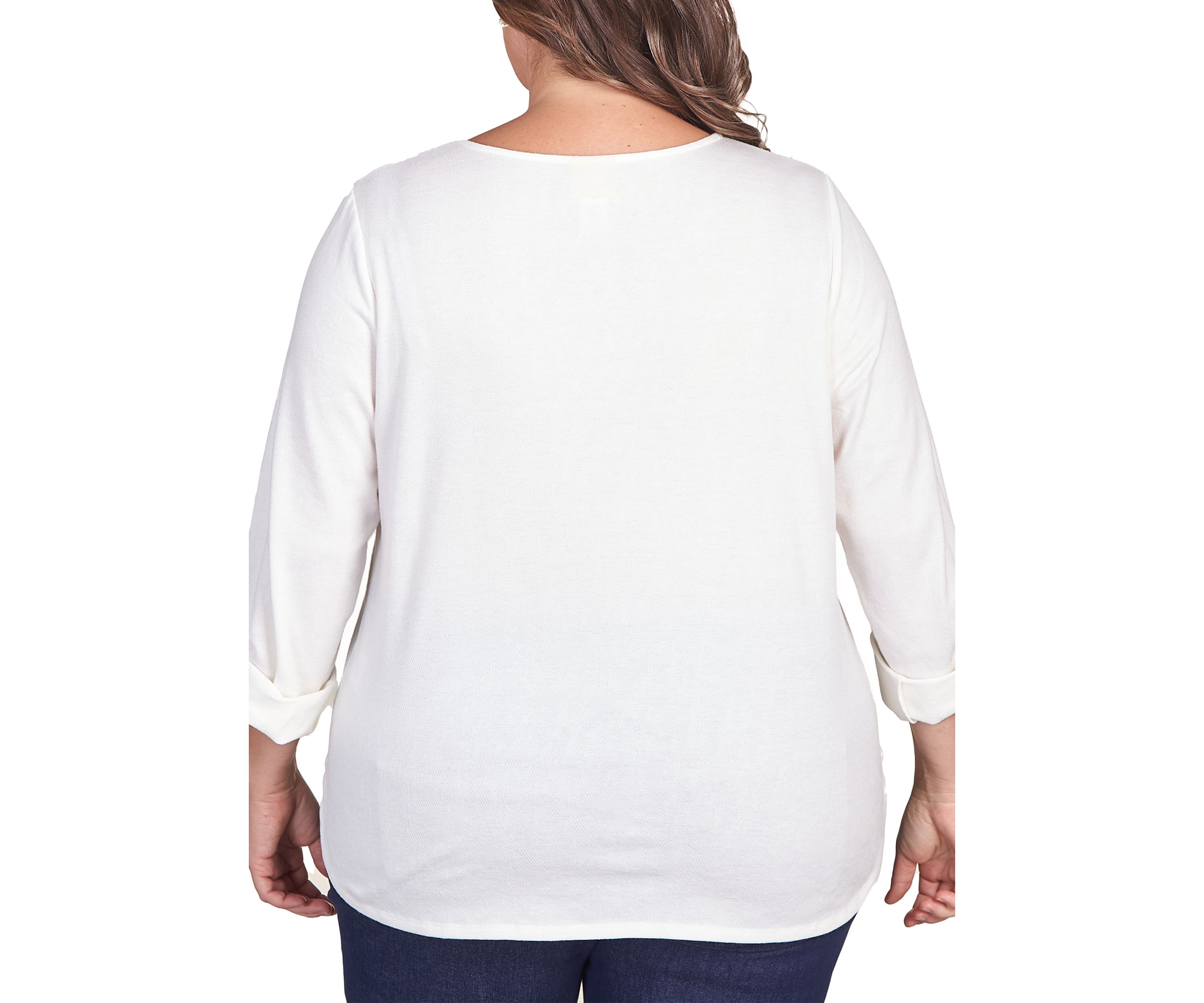 Plus Size French Terry V-Neck Roll Sleeve Top