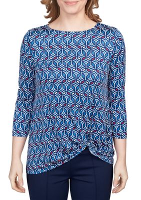 Petite Geometric Puff Print Twisted Top