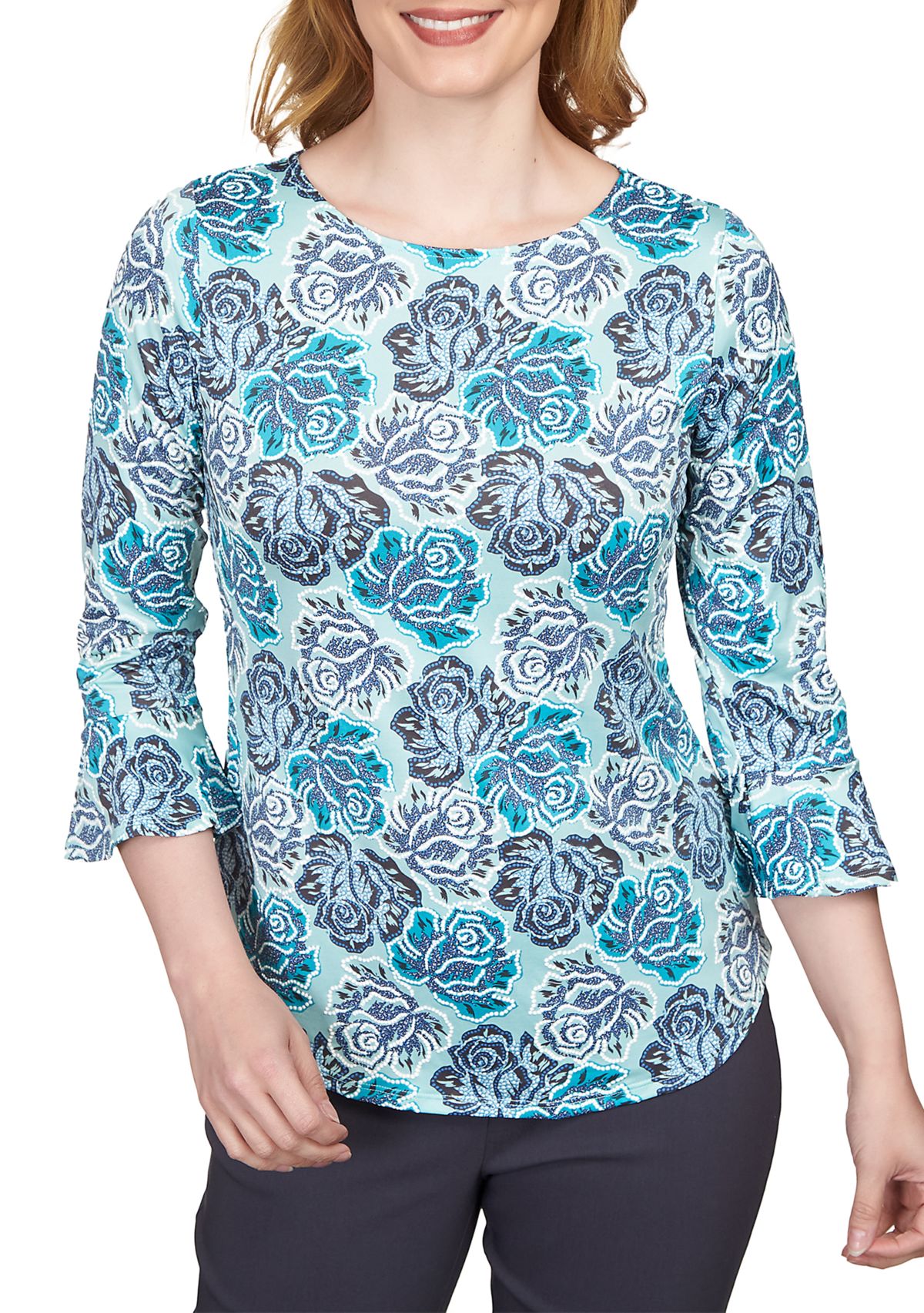 Petite Elegant Roses Puff Print Ruffle Sleeve Blouse