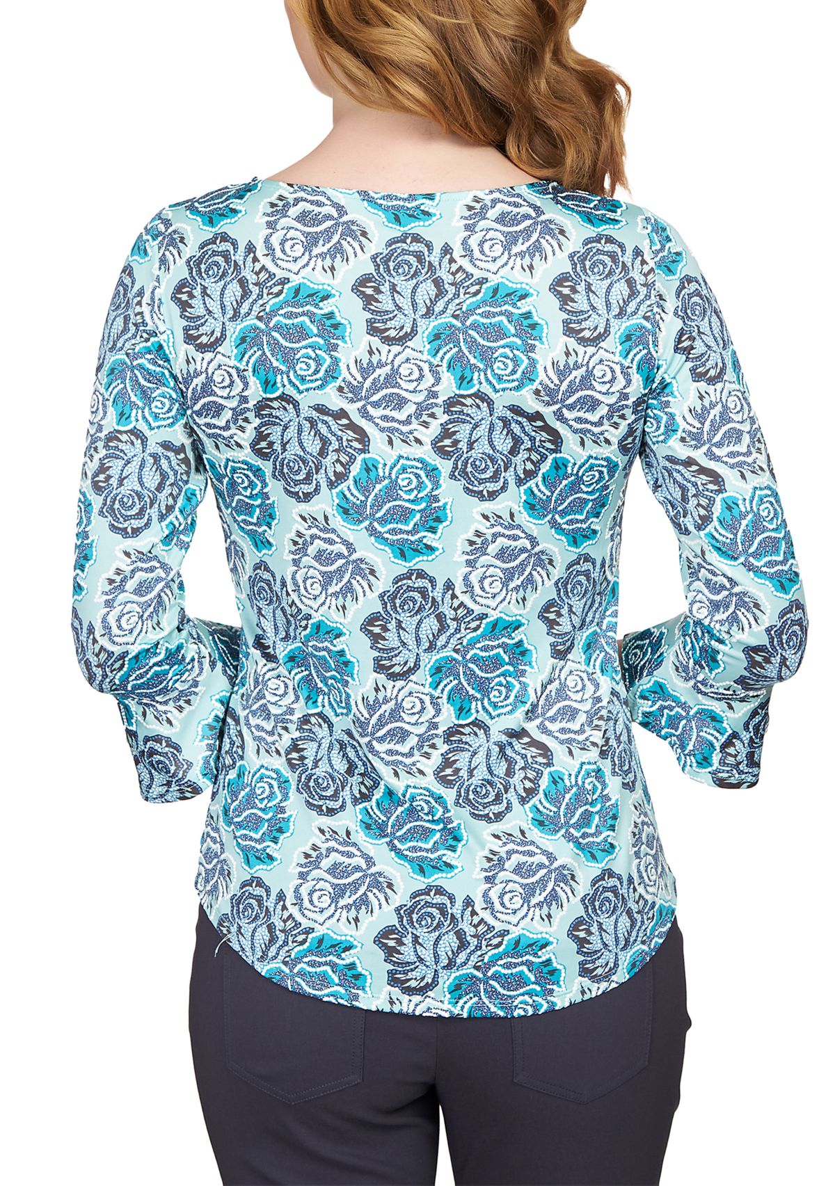 Petite Elegant Roses Puff Print Ruffle Sleeve Blouse