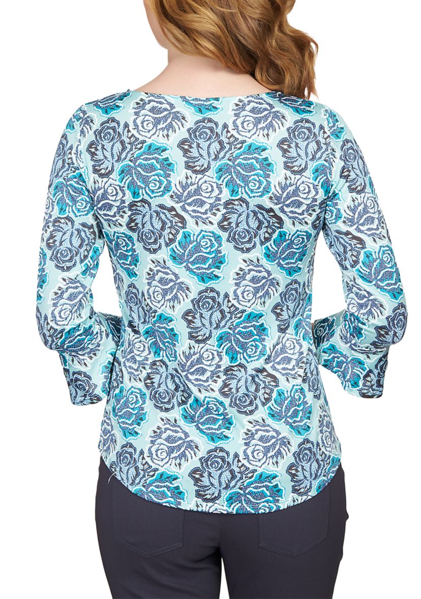 Petite Elegant Roses Puff Print Ruffle Sleeve Blouse