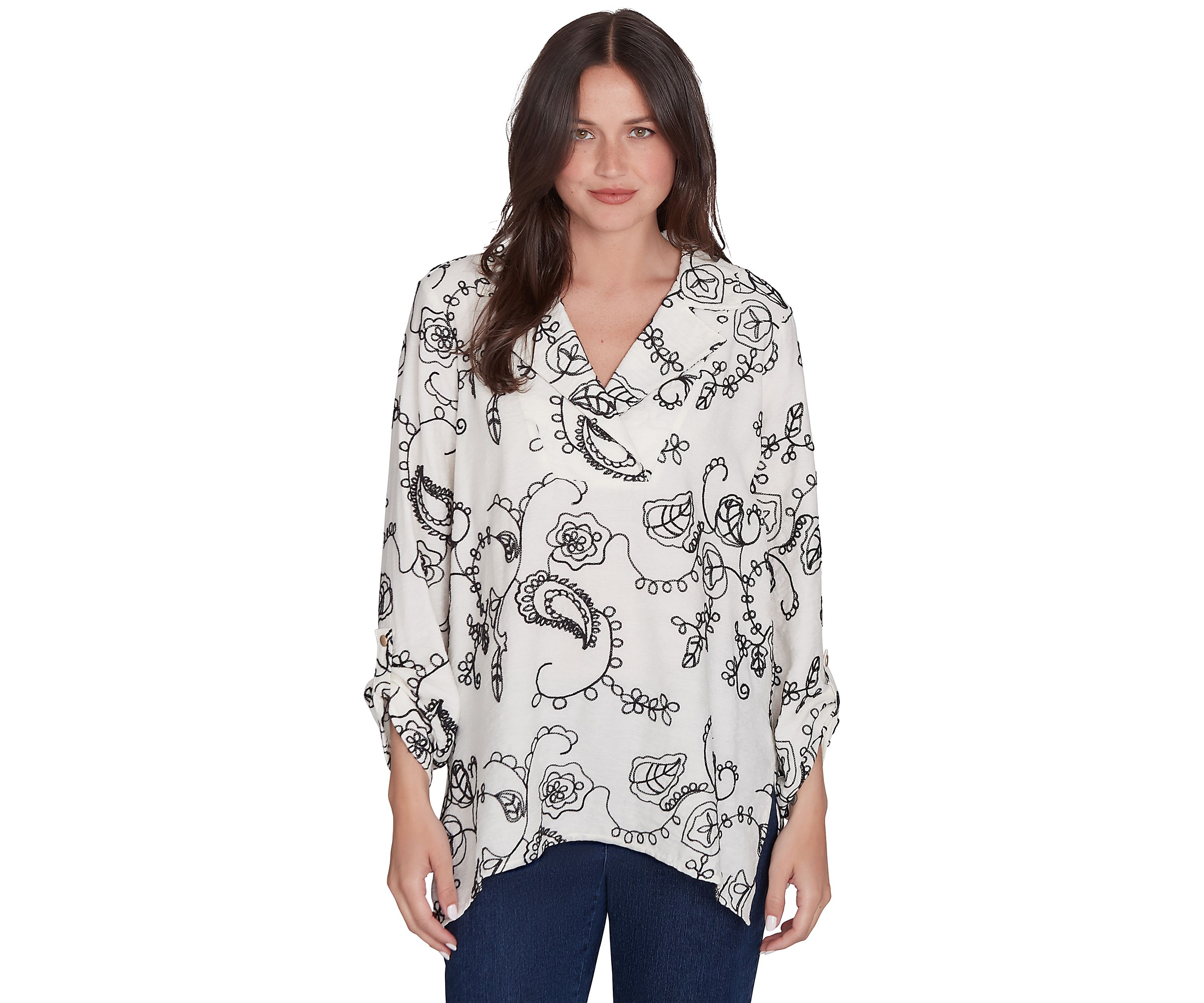 Womens Portrait Collar Floral Embroidered Cotton Voile Top