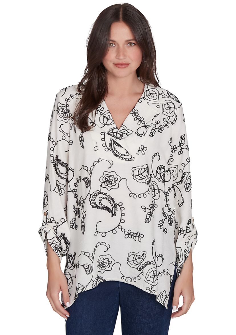 Womens Portrait Collar Floral Embroidered Cotton Voile Top
