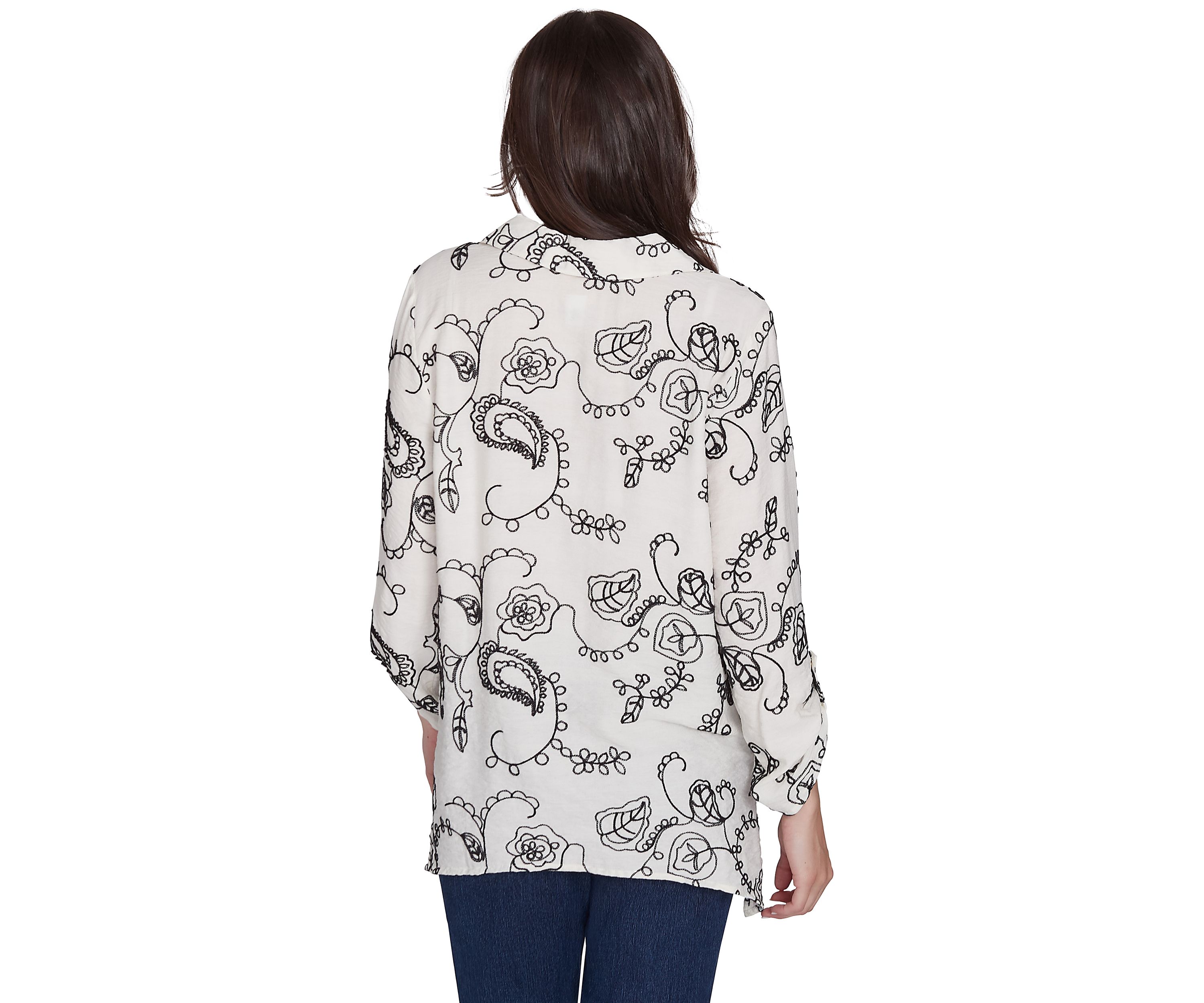 Womens Portrait Collar Floral Embroidered Cotton Voile Top