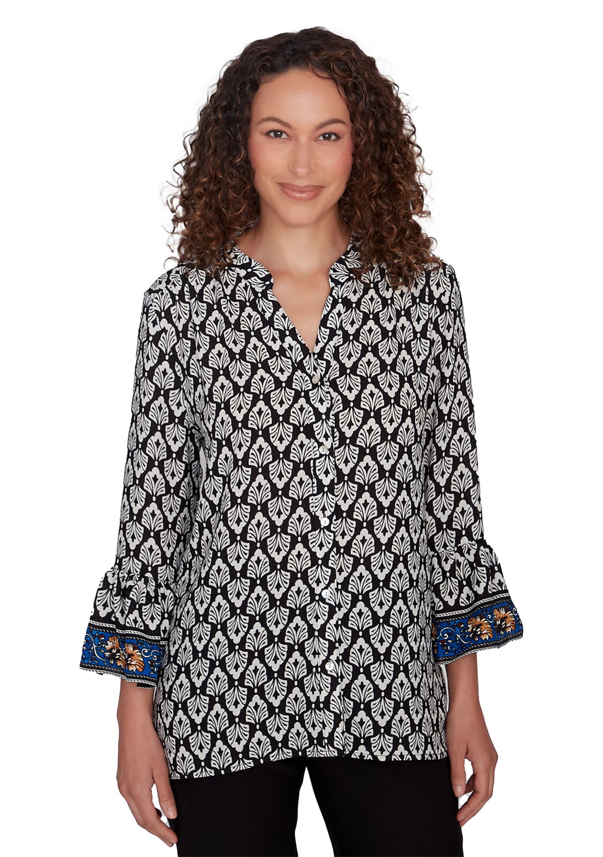 Womens Button Front Ikat Printed Chiffon Shirt with Flounce Sleeve