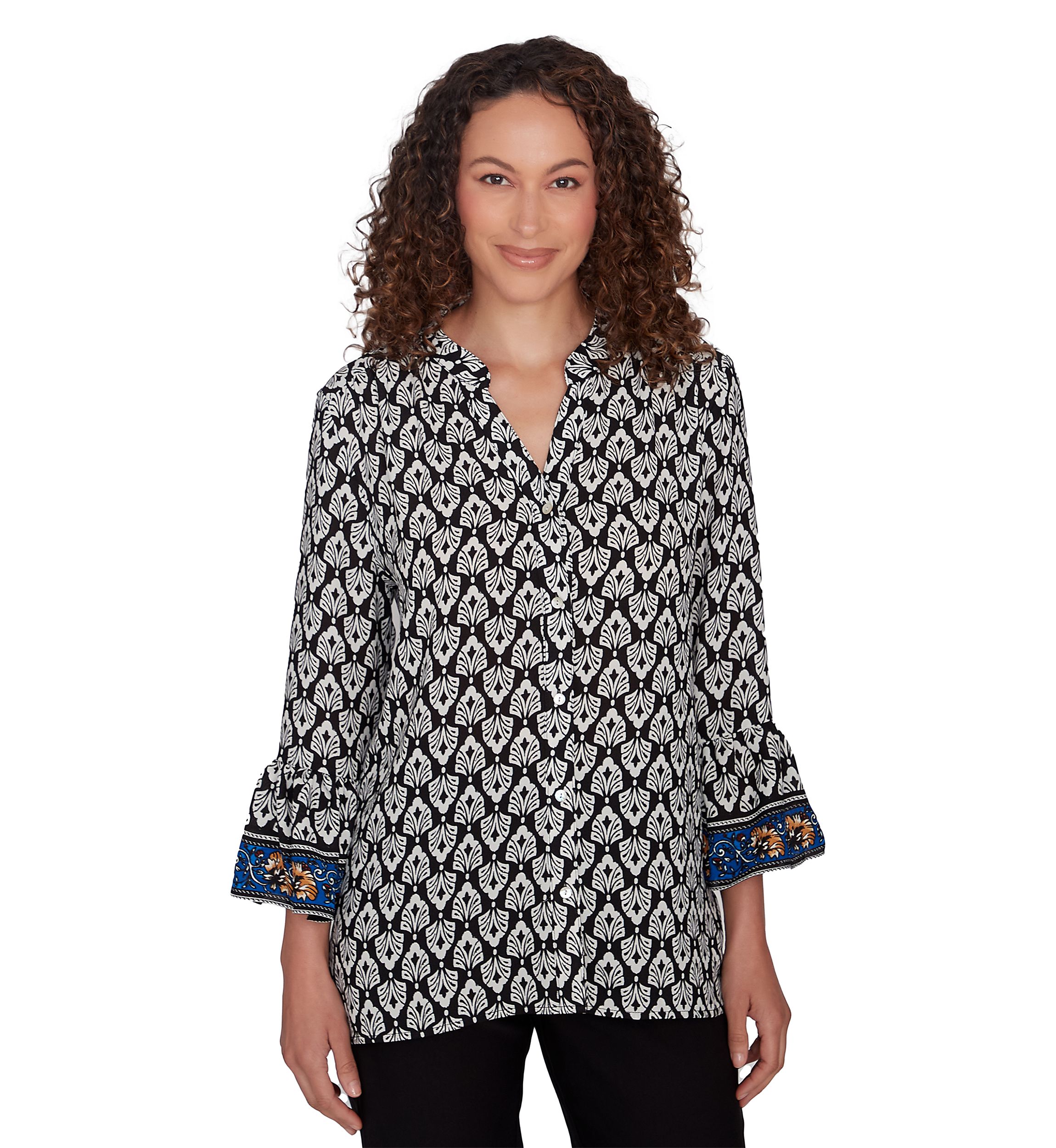 Womens Button Front Ikat Printed Chiffon Shirt with Flounce Sleeve