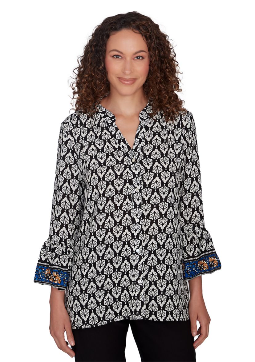 Womens Button Front Ikat Printed Chiffon Shirt with Flounce Sleeve