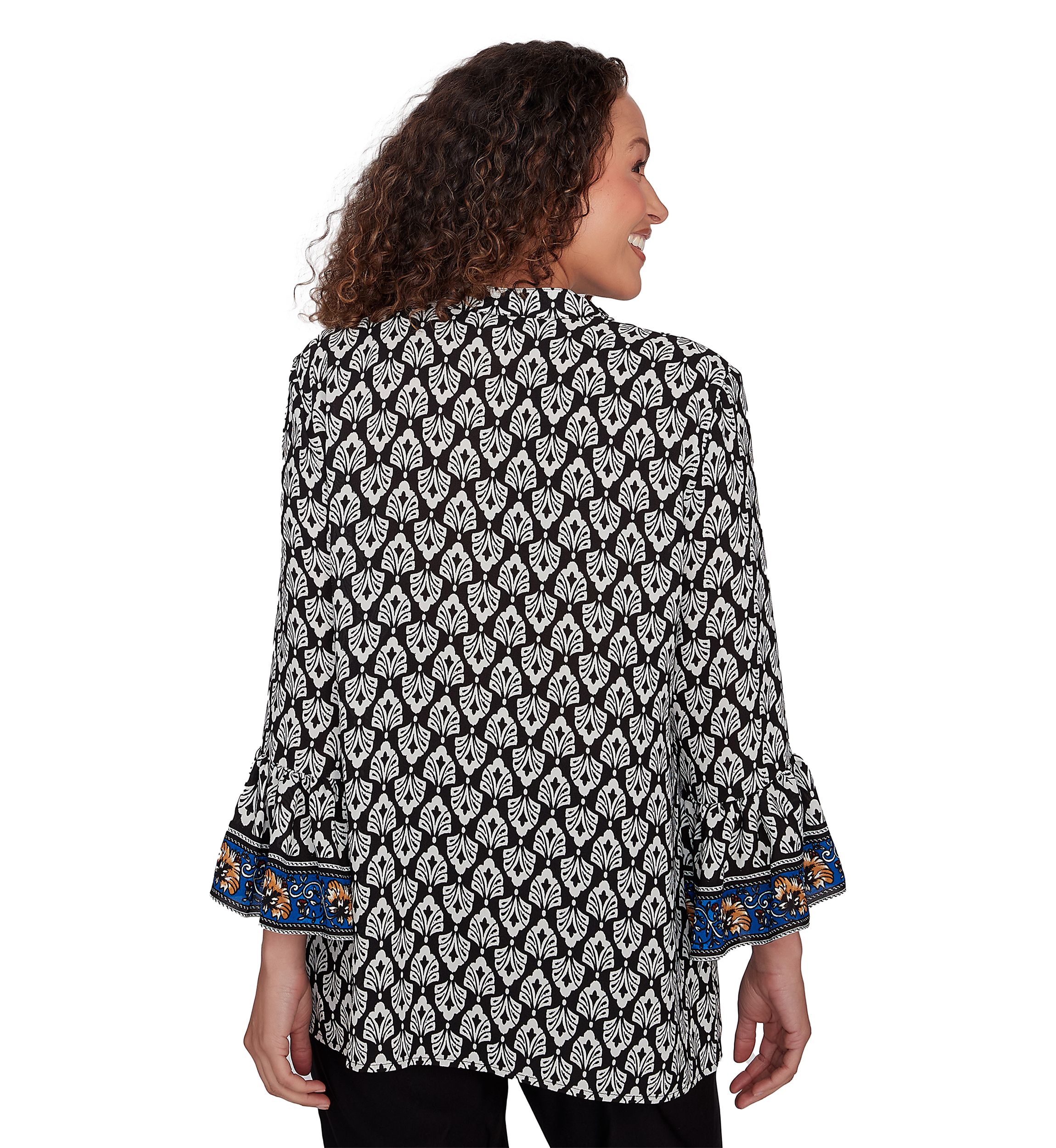 Womens Button Front Ikat Printed Chiffon Shirt with Flounce Sleeve
