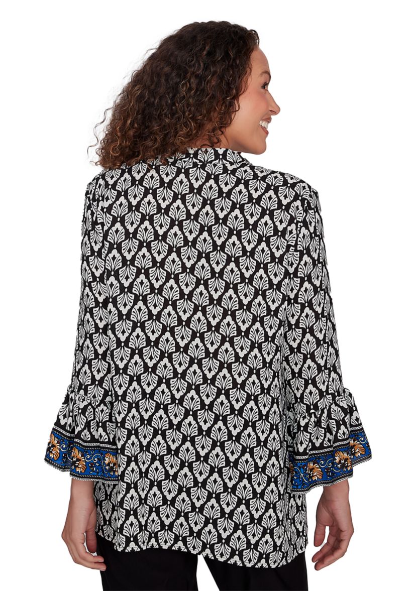 Womens Button Front Ikat Printed Chiffon Shirt with Flounce Sleeve