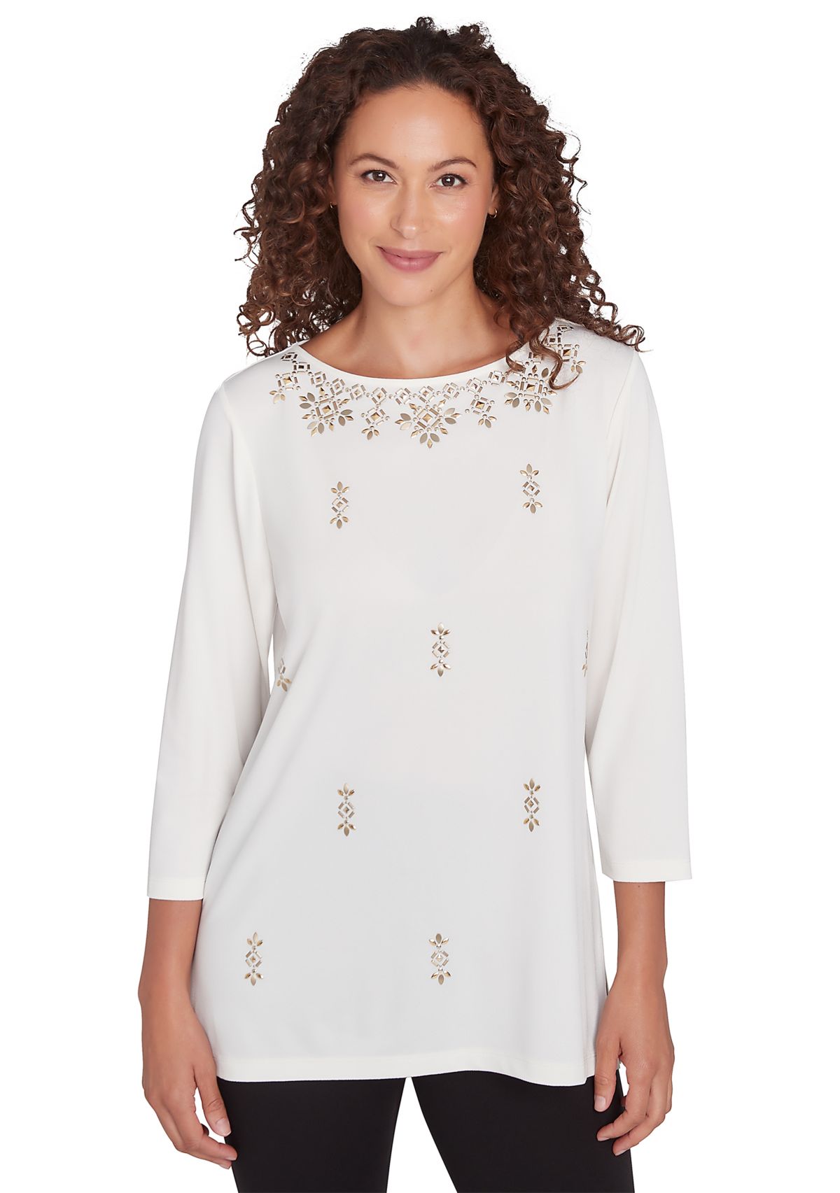 Womens Embellished Boat Neck Solid Knit Top