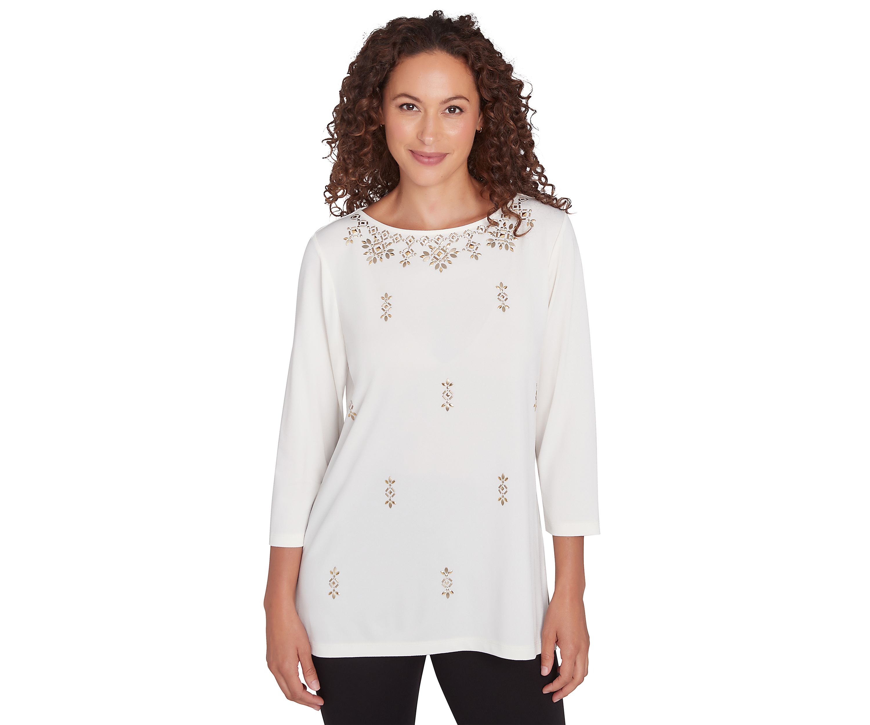 Womens Embellished Boat Neck Solid Knit Top