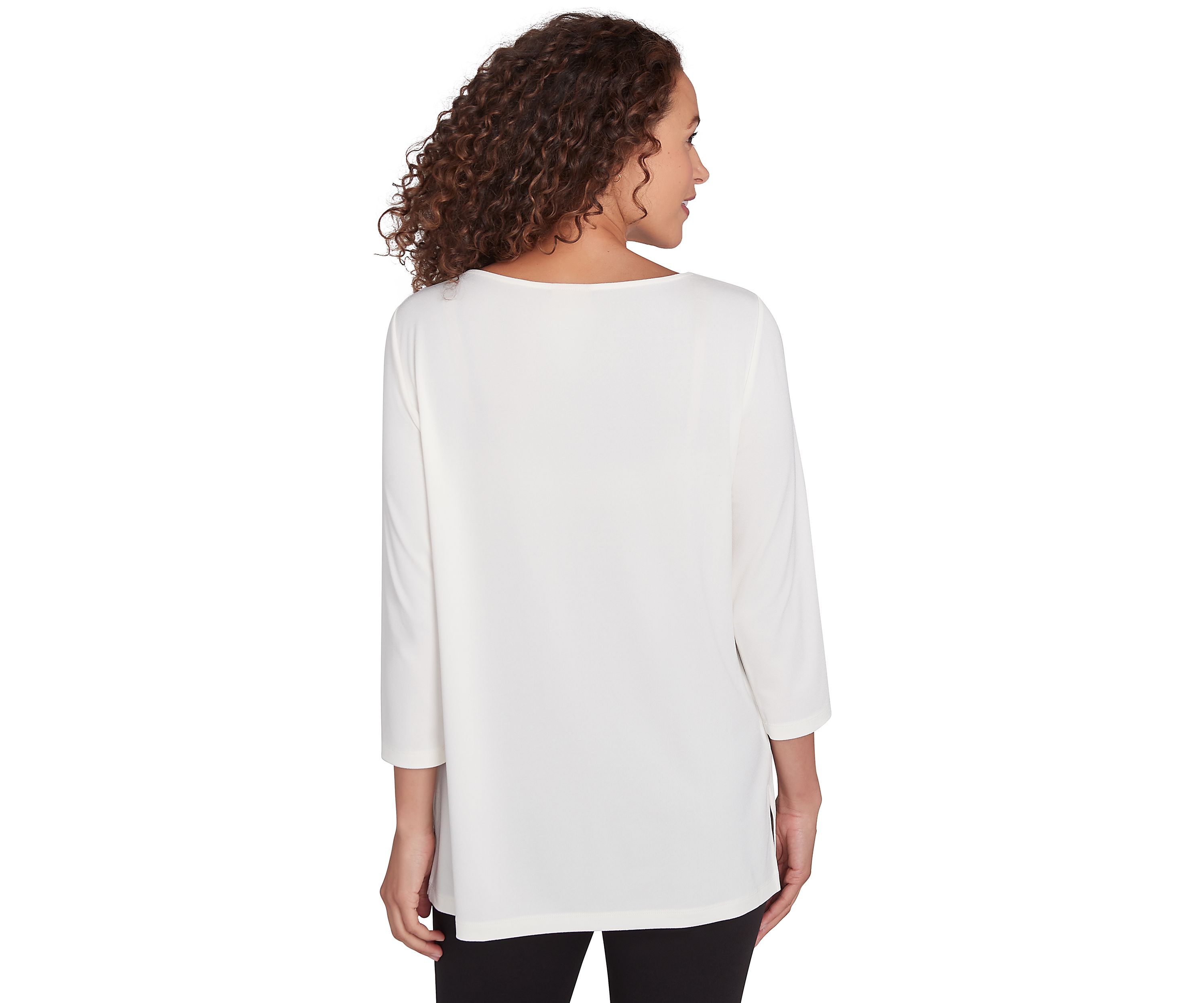 Womens Embellished Boat Neck Solid Knit Top