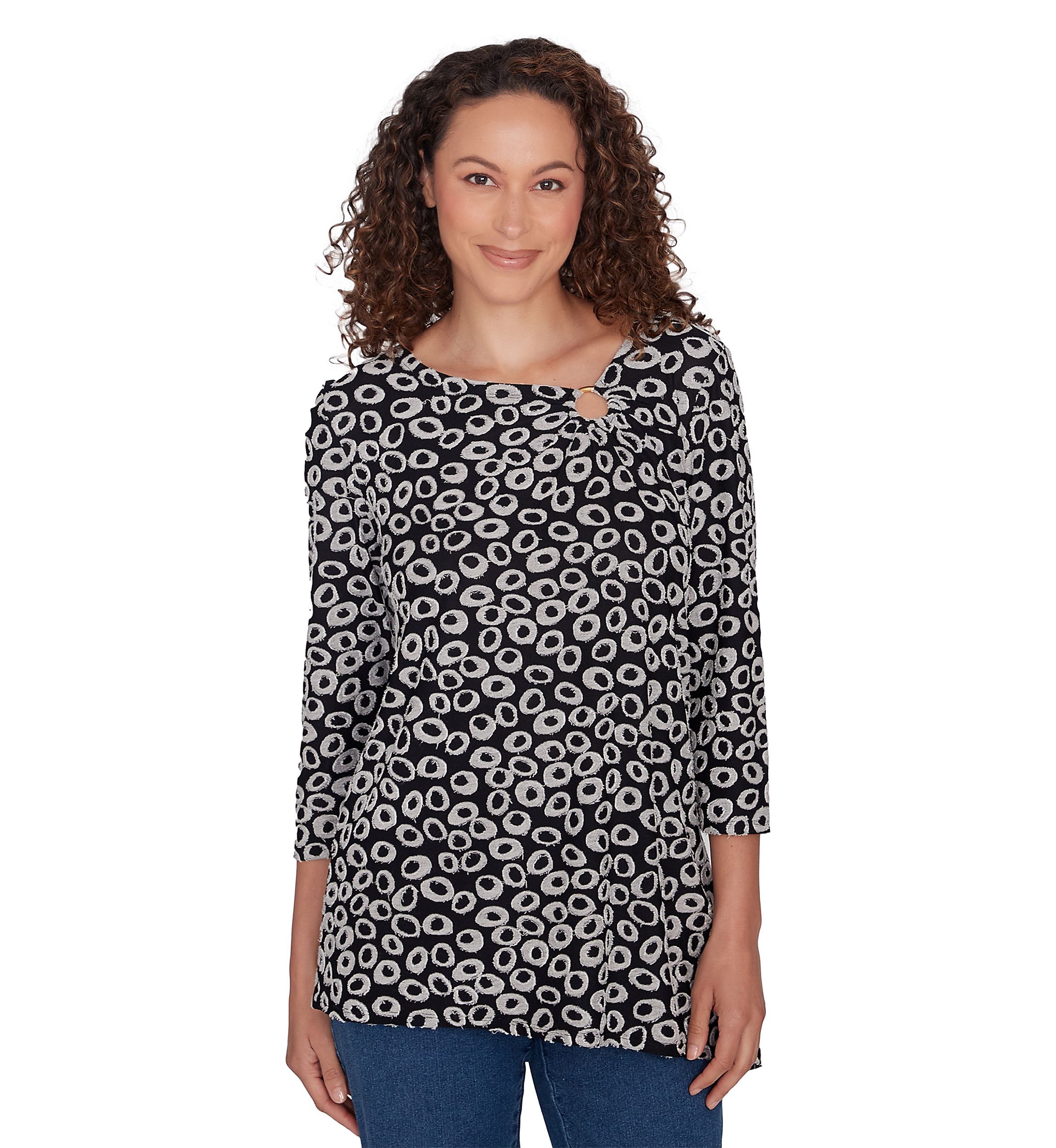 Womens Ring Neck Spots Jacquard Knit Top with Asymmetric Hem