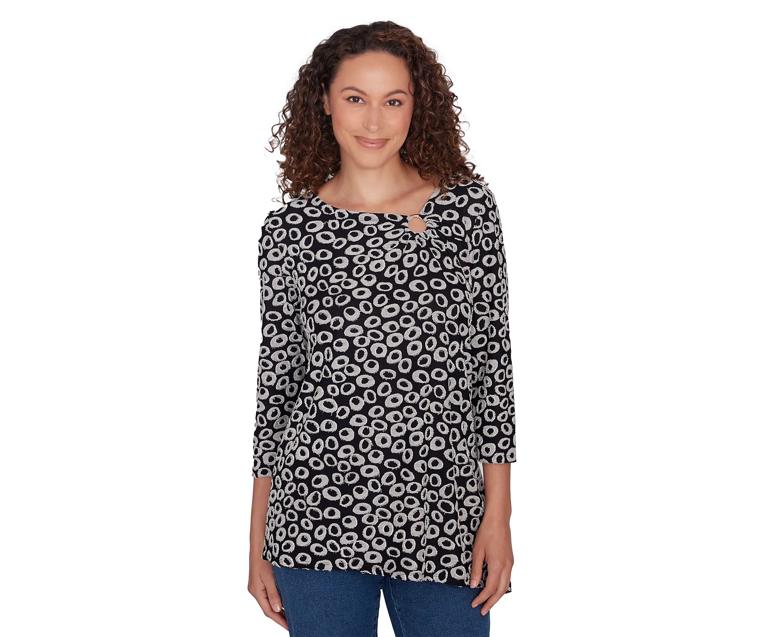 Womens Ring Neck Spots Jacquard Knit Top with Asymmetric Hem