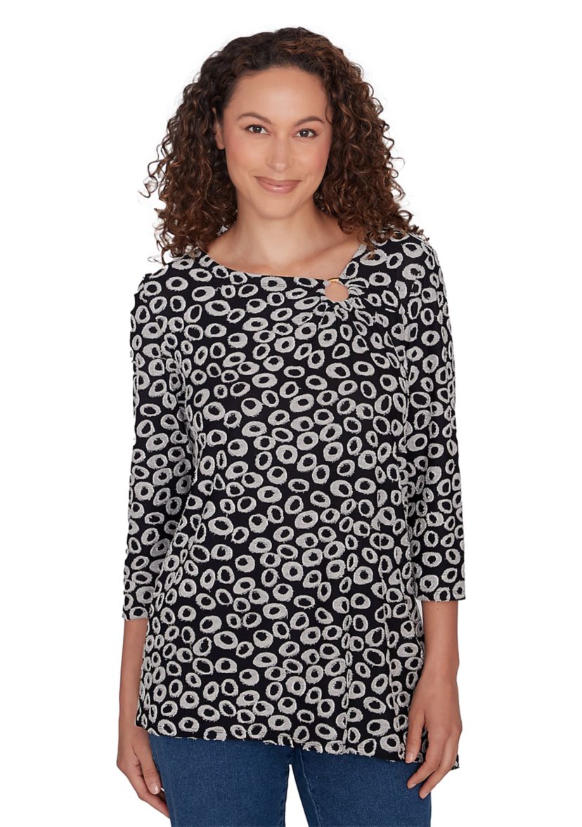 Womens Ring Neck Spots Jacquard Knit Top with Asymmetric Hem