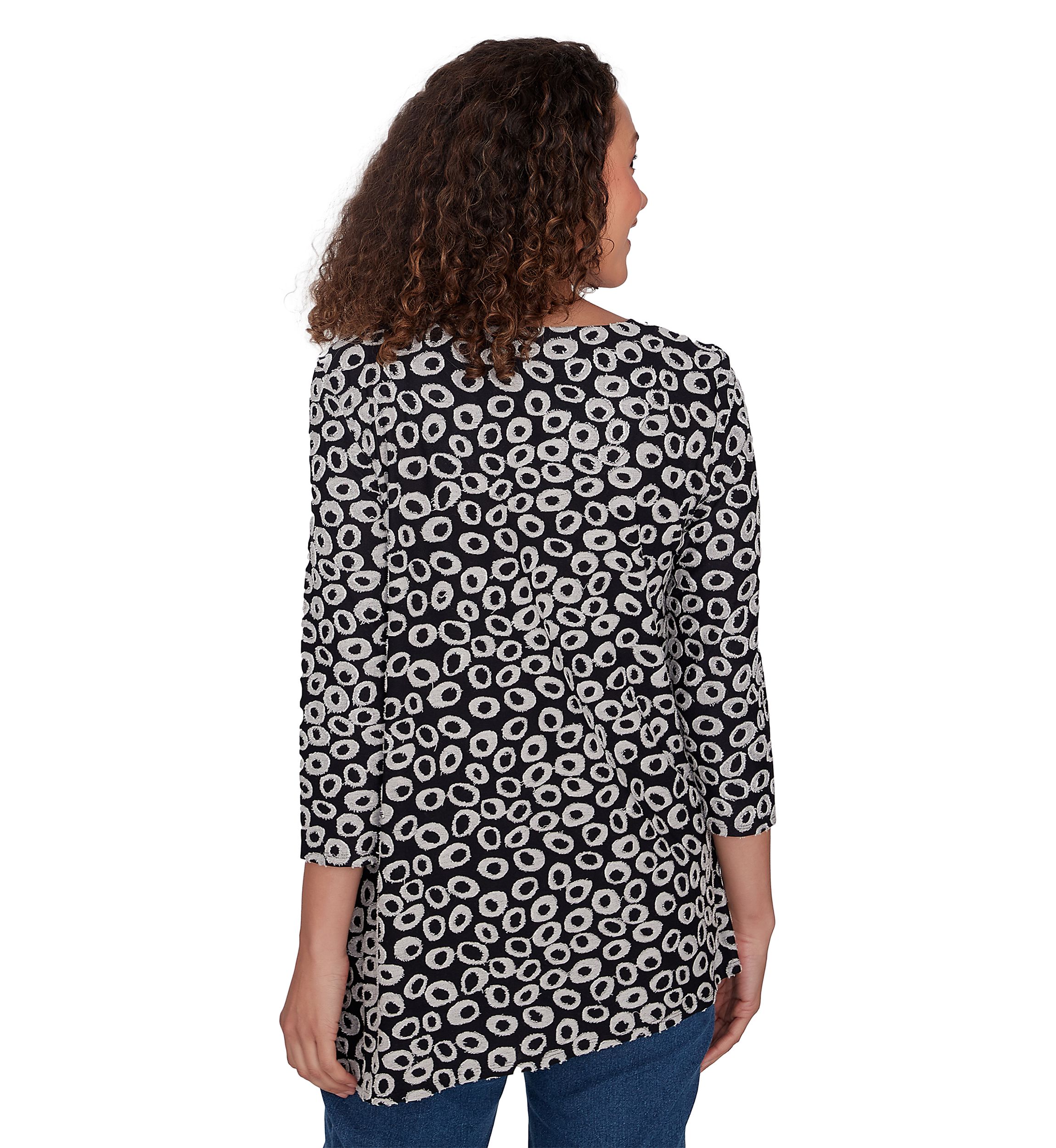 Womens Ring Neck Spots Jacquard Knit Top with Asymmetric Hem