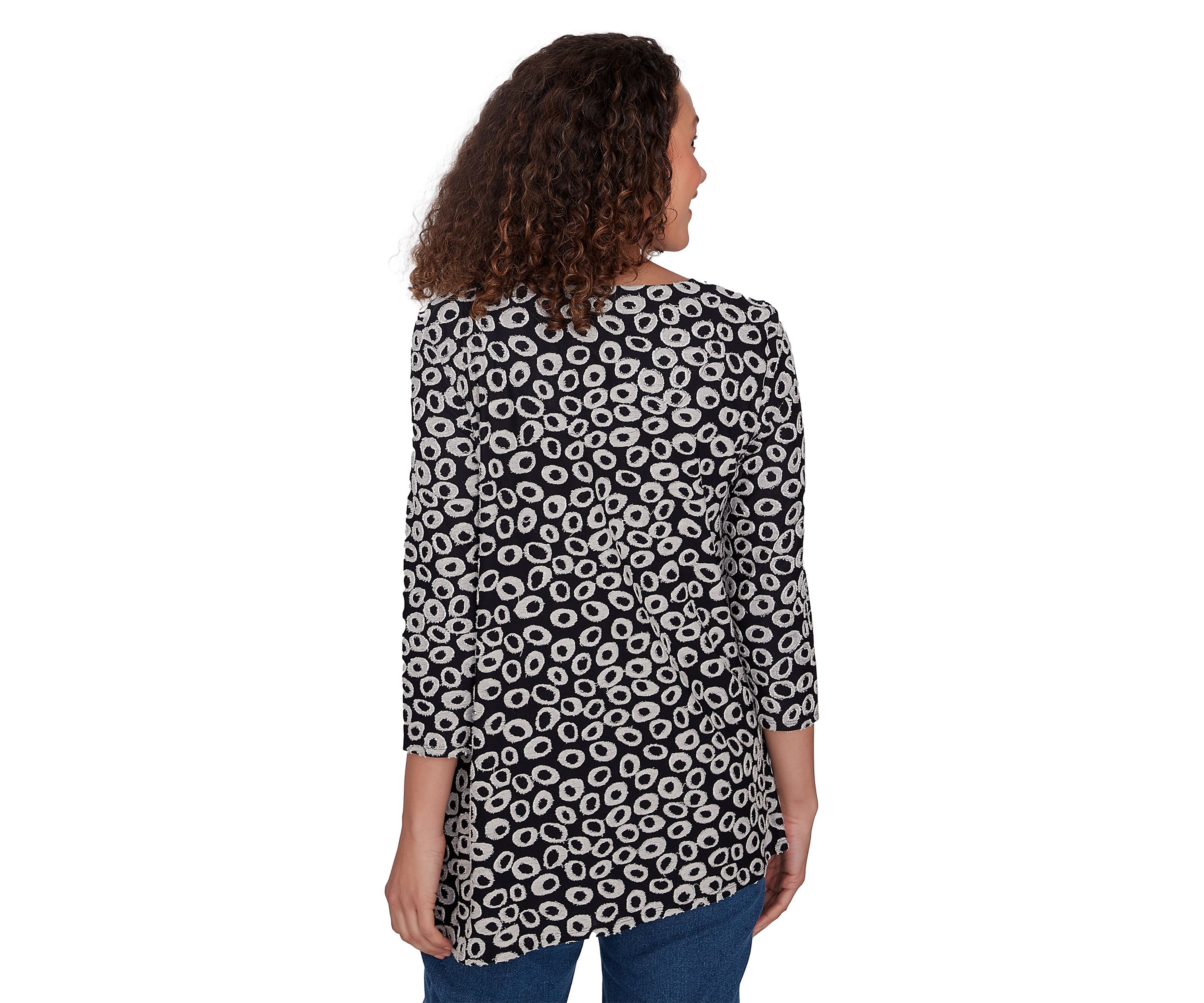 Womens Ring Neck Spots Jacquard Knit Top with Asymmetric Hem