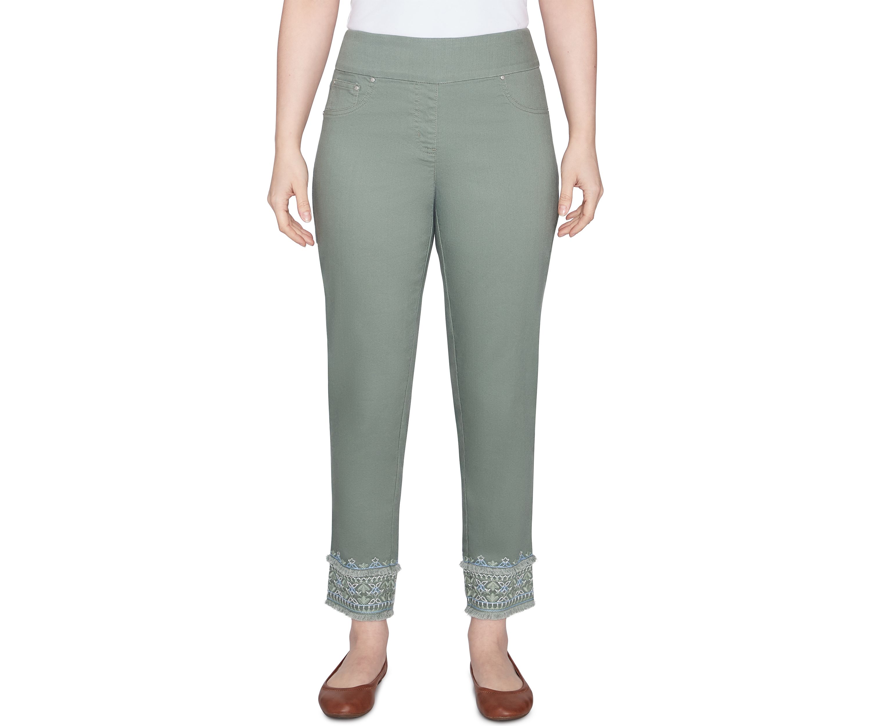 Womens Embroidered Pull On Extra Stretch Colored Denim Jeans