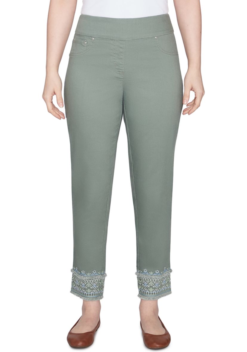 Womens Embroidered Pull On Extra Stretch Colored Denim Jeans