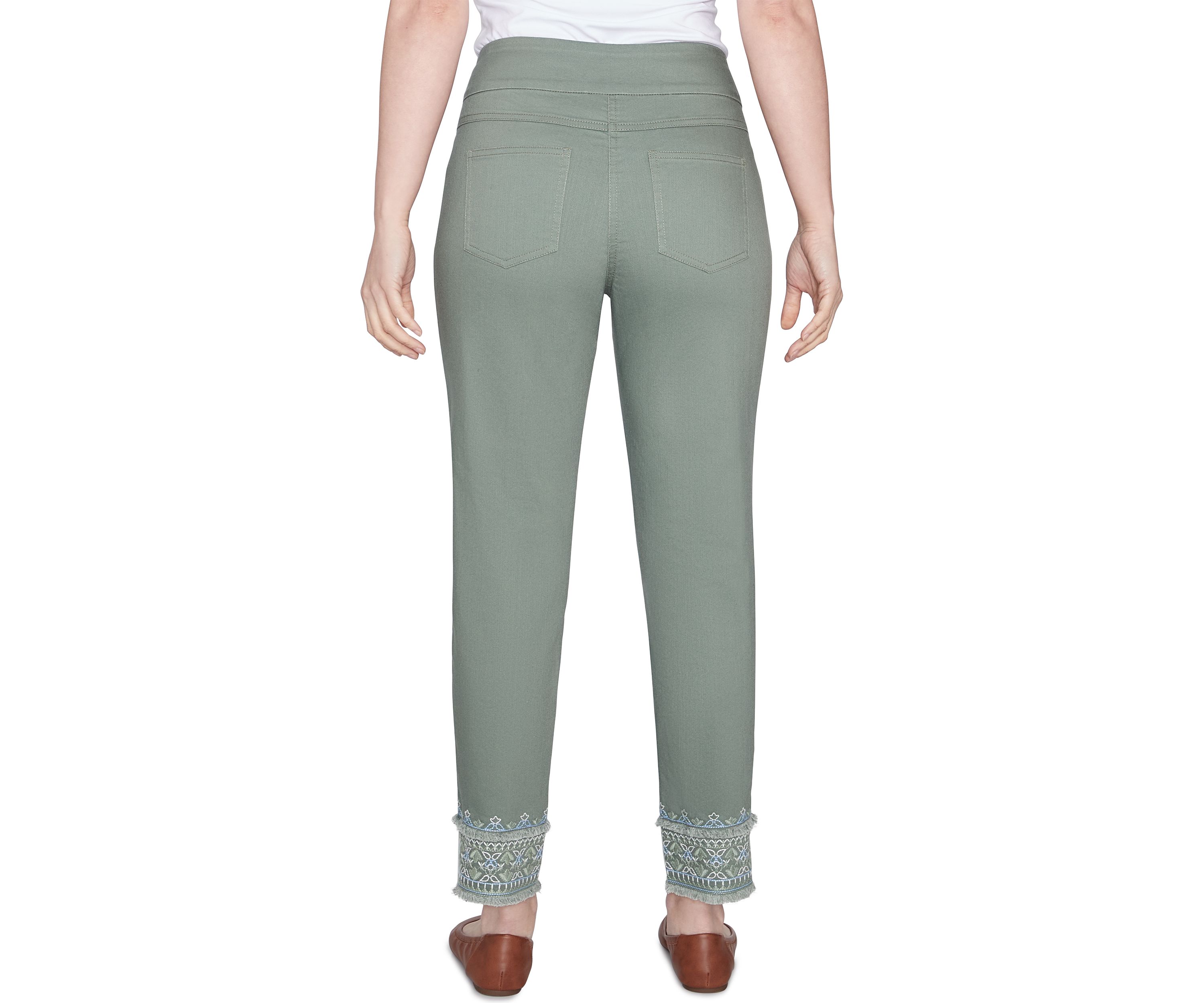 Womens Embroidered Pull On Extra Stretch Colored Denim Jeans