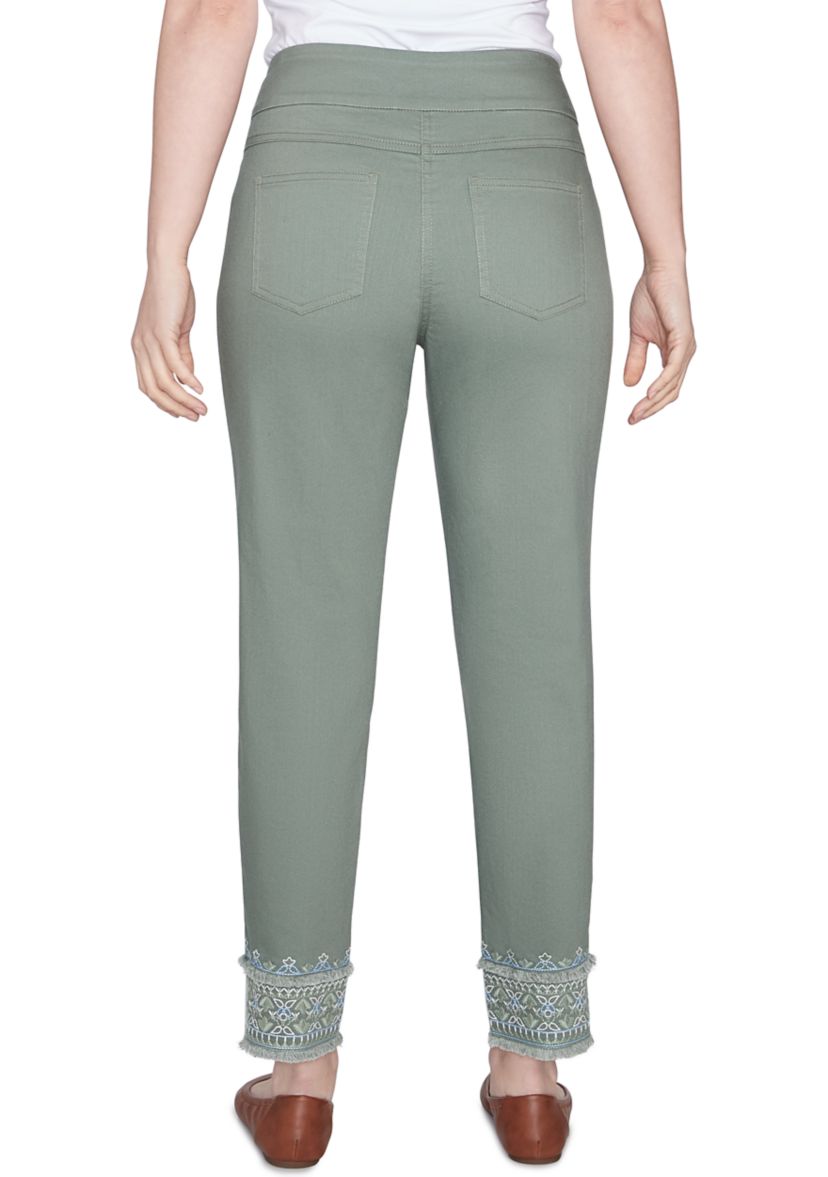 Womens Embroidered Pull On Extra Stretch Colored Denim Jeans