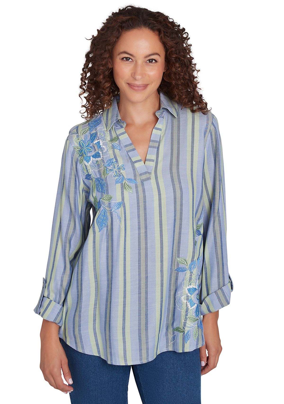 Womens Shirt Collar Floral Embroidered Striped Top